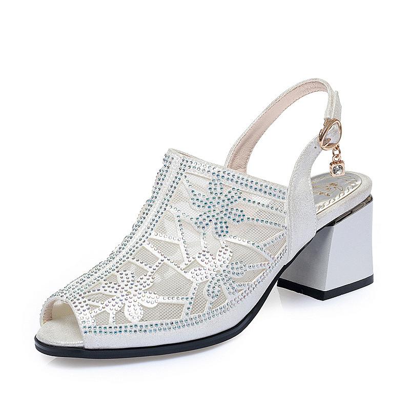 Высота каблука 5–8 см. Босоножки для женщин на высоких каблуках, с сетчатой ​​подкладкой, на нескользящем толстом каблуке и босоножках с выпуклым «рыбим ртом».