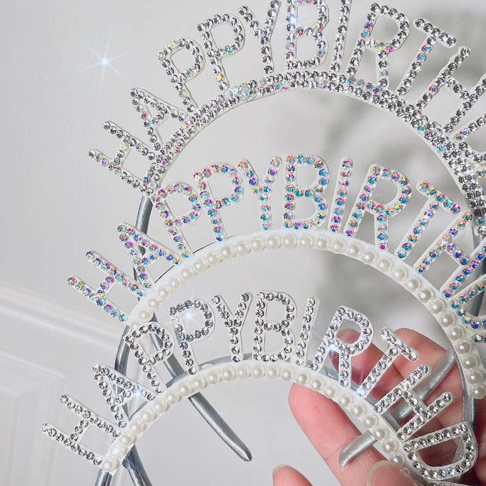 Pearl Zinc Zinc Alloy Queen Letter Birthday Hair Hoop Rhinestone Crown Happy Birthday Headband Female Jewelry