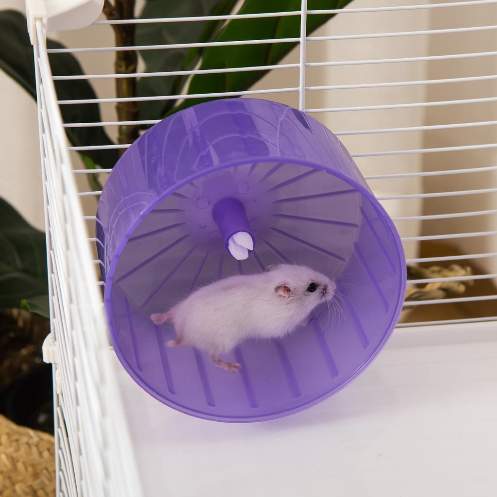3-level hamster/rat/rodent cage with tunnel, water bottle, wheel, small house, and ladders. Dimensions: 59L x 36W x 47H cm