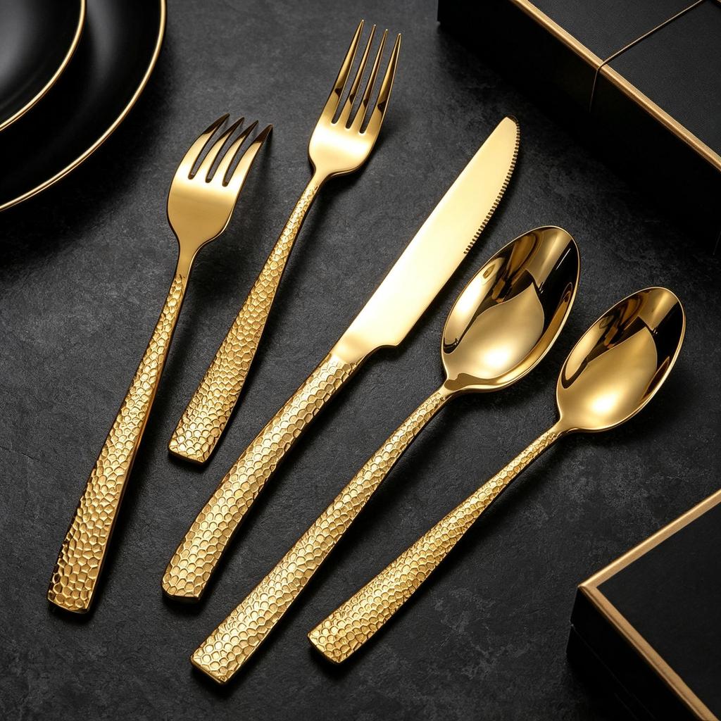 Gold-Plated Hammer Pattern Cutlery Set - 5-Piece Square Handle Stainless Steel Knife, Fork & Spoon Set