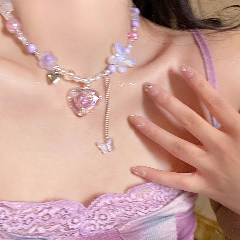 Y2K Сердце Бабочка Подвеска Чокер Ожерелье Цветной Бисер Ключичная Цепочка Для Женщин Девочек Панк Милая Эстетическая Украшения Для Вечеринки