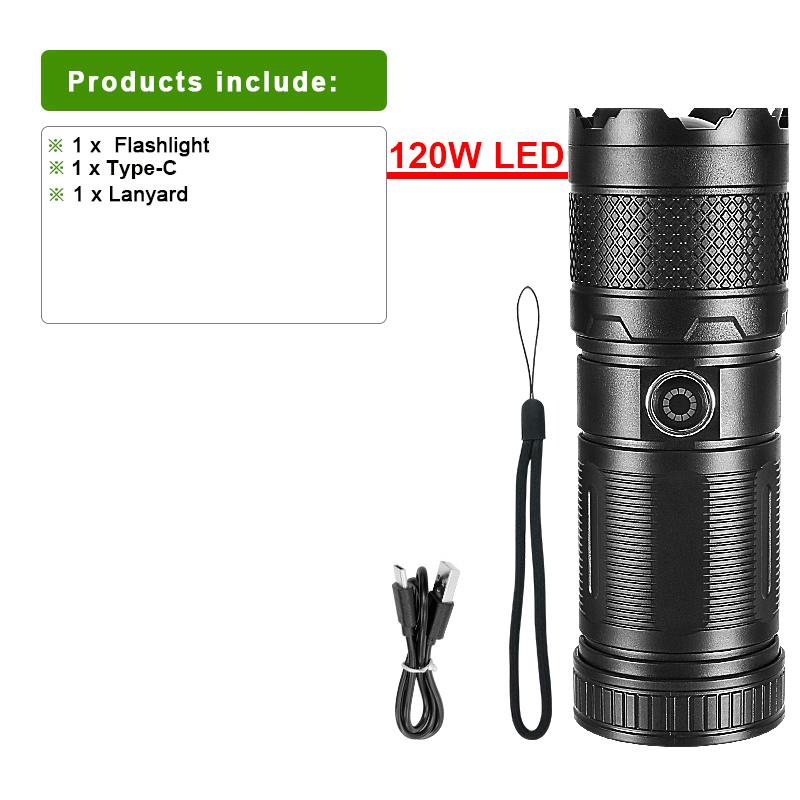 Мощный светодиодный фонарик 300 Вт, масштабируемый фонарик с высокой яркостью 500000 лм, встроенный аккумуляторный фонарь, водонепроницаемый фонарик, перезаряжаемый фонарик