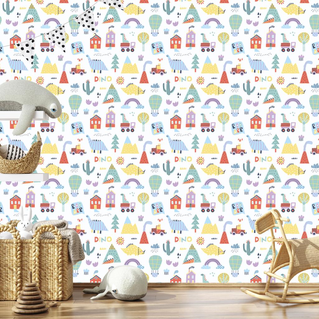 Wallpaper Colorful Dinosaurs Mountains and Trees for Living Room and Bedroom 50x1000