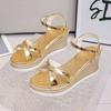 Fashion Gold Silver Pu Leather Wedges Sandals for Women Cross Band Crystal Ankle Buckle Party Shoes Thick Sole Chunky Platform Shoes