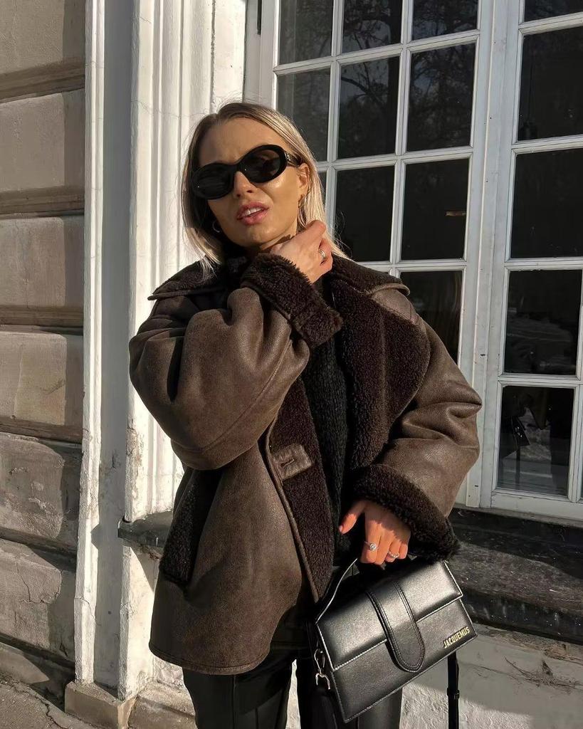 Женская куртка с лацканами из овчины большого размера 2023 года - Мода осень/зима в европейском и американском стиле