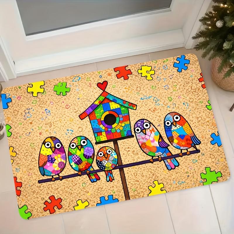 1pc Flannel Doormat, Colorful Jigsaw Puzzle Birdhouse and Little Bird Pattern, Entrance Mat for Bedroom, Living Room, Bathroom, Non-Slip Absorbent Foo