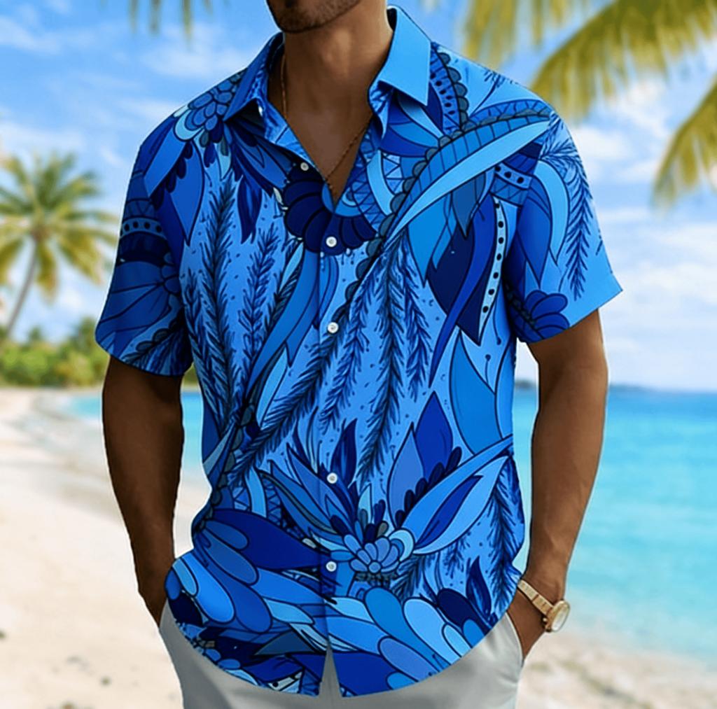 Men's Abstract Botanical Print Short Sleeve Shirt, Spring Summer Casual Vacation Turn-Down Collar Blouse, Loose Fit Top