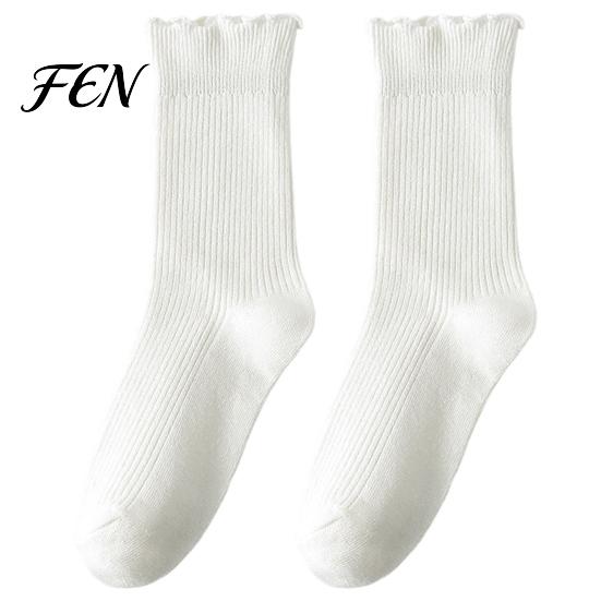 Student Campus Style Socks Women Ruffle Turn-Cuff Crew Socks, Breathable Combed Cotton Lettuce Edge Ankle Casual Hosiery for Girls, Soft Stretchy