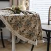 Floral Round Tablecloth with Tassels Diameter – Light Blue Polyester Jacquard Design, Decorative Lace and Fringe Detail for Dining