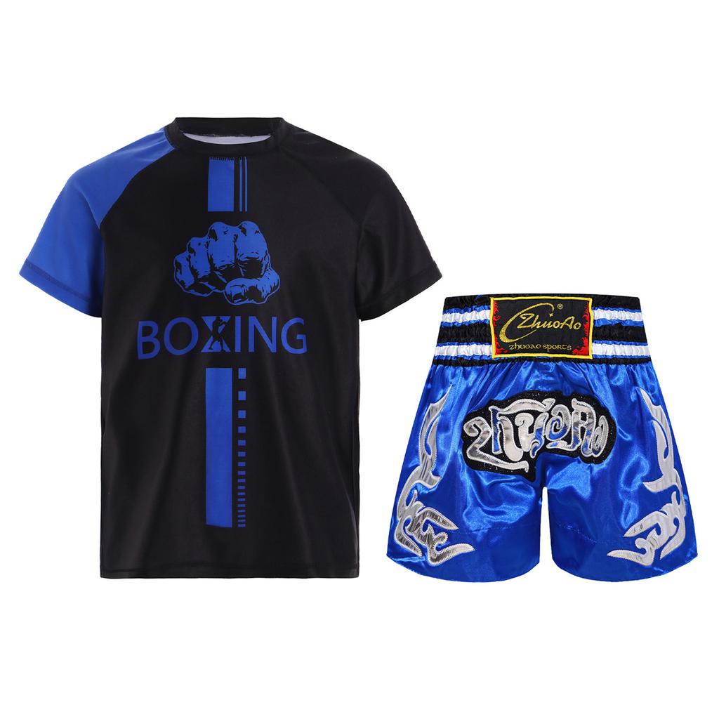 Boys Boxer Training Set Color Block Patchwork T Shirt Round Neck Short Sleeve Athletic Top Boxing Shorts
