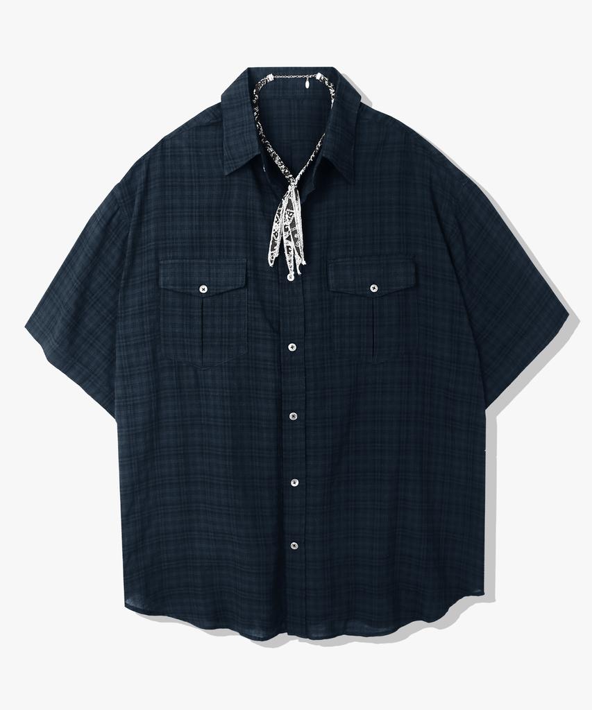 SSY Washed Check Linen 2-Pocket Loose Fit Half Shirt Navy