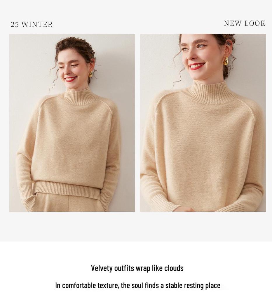 Women's Cashmere Knit Sweater - Solid Color, Half-High Collar, Loose Slimming Fit, Thick Drop Shoulder Sleeves for Autumn/Winter