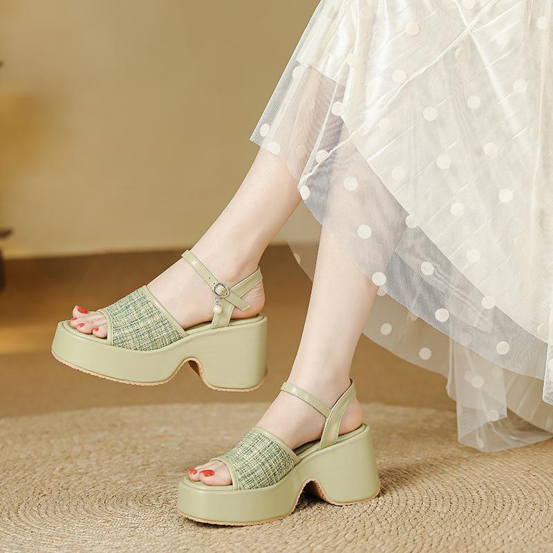 Platform sandals women's summer new slope heel waterproof table small man heightened 7CM one-word buckle open-toe strap Roman shoes