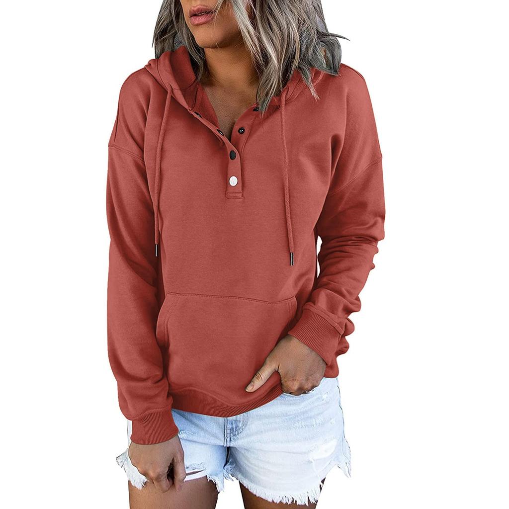 Женские пуловеры с капюшоном Топы Повседневные толстовки на пуговицах с длинным рукавом и карманом