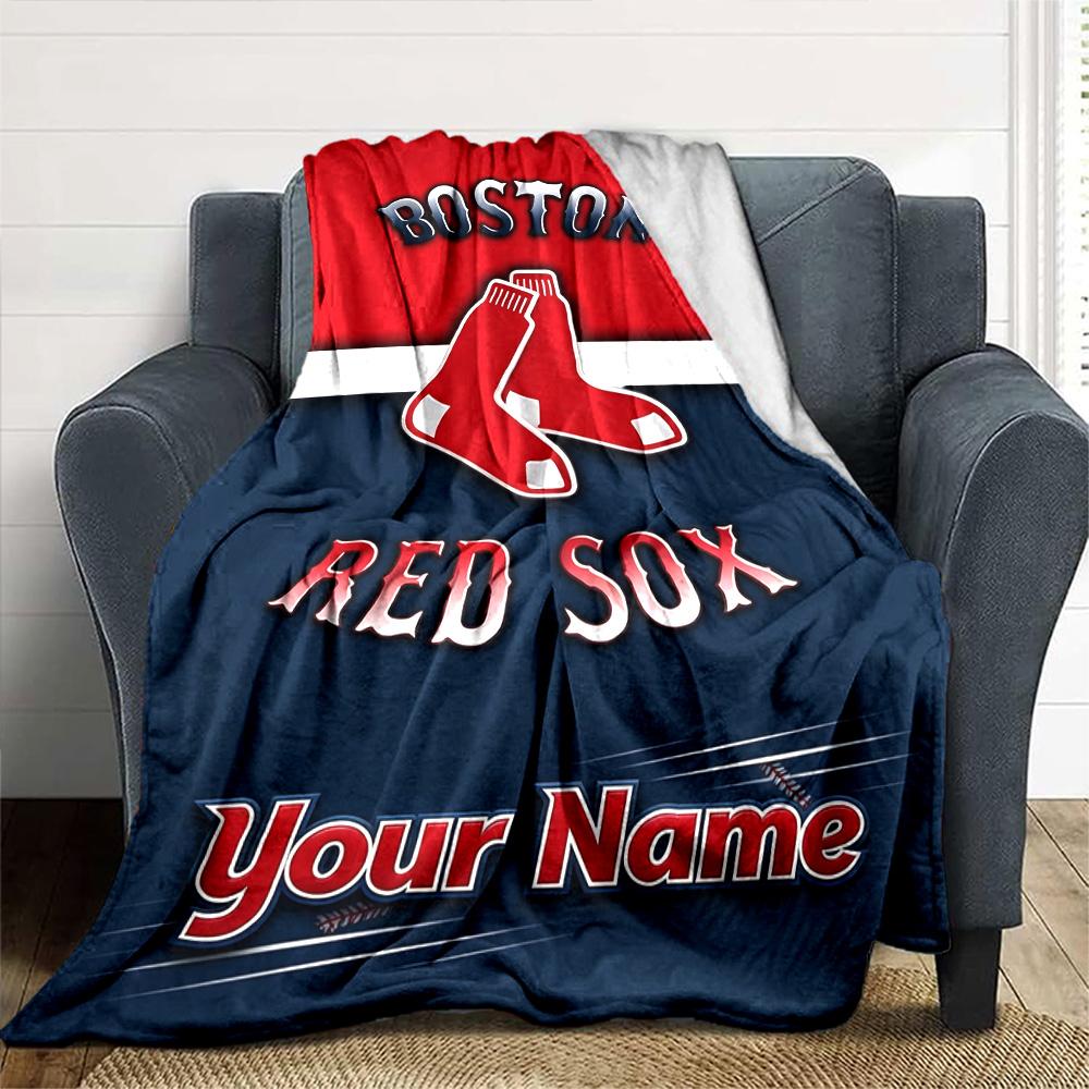 Name Custom Boston red sox logo Print Flannel Blanket High Quality Warm Comfortable Cover for All Seasons Perfect for Gifts Home Decor
