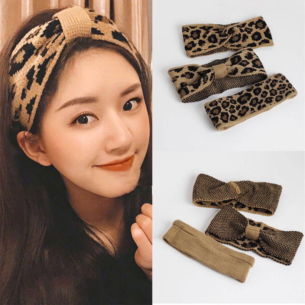 New Hair Styling Winter Warm Bowknot Turban Leopard Headwear Crochet Head Wrap Knitted Headband