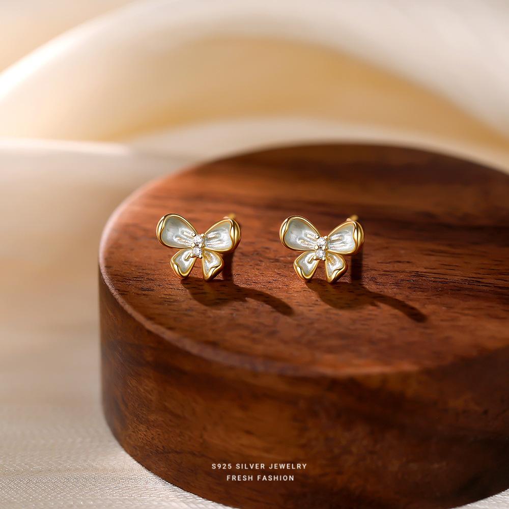 S925 Sterling Silver Gold Plated Butterfly Stud Earrings with Zircon, Dainty Fresh Fashion Jewelry for Women