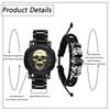 Skeleton Watch Bracelet Set of Rock Punk Leather Strap Stainless Steel Watch Waterproof Analog Quartz Skull Gothic Accessory Birthday Christmas Day