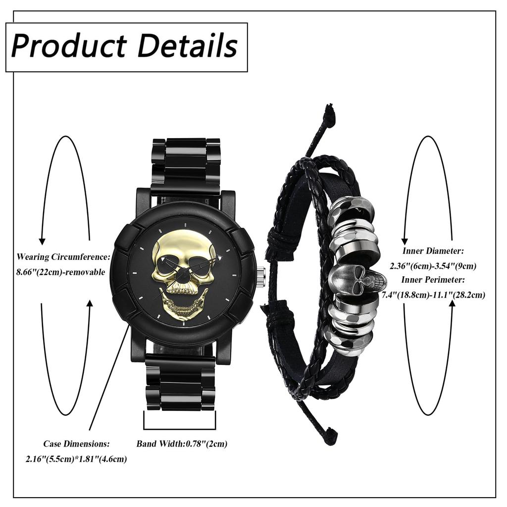 Skeleton Watch Bracelet Set of Rock Punk Leather Strap Stainless Steel Watch Waterproof Analog Quartz Skull Gothic Accessory Birthday Christmas Day