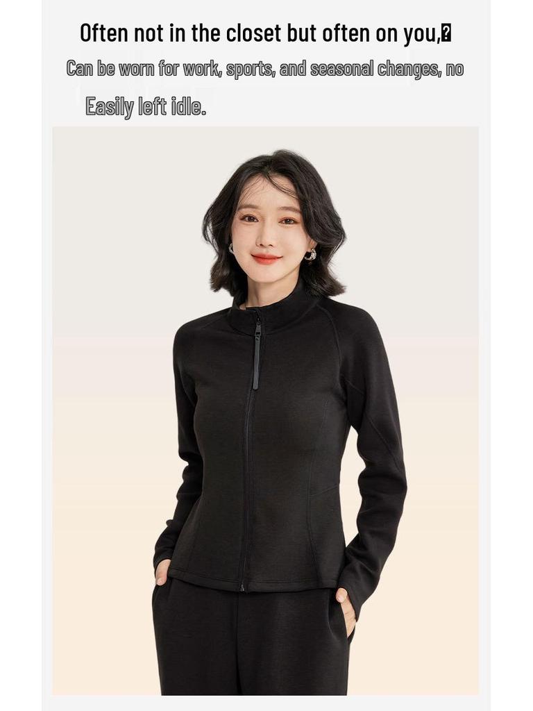 Женская спортивная куртка из двухслойного материала, выгодно подчеркивающая фигуру: Кардиган для йоги со стойкой