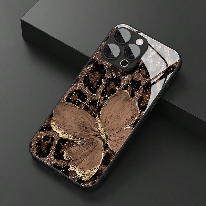 Роскошный Чехол Для Телефона Из Стекла С Узором Бабочка и Леопард Для iPhone 17 16 15 14 Pro Max 13 12 11 16E 7 8 Plus XR XS X