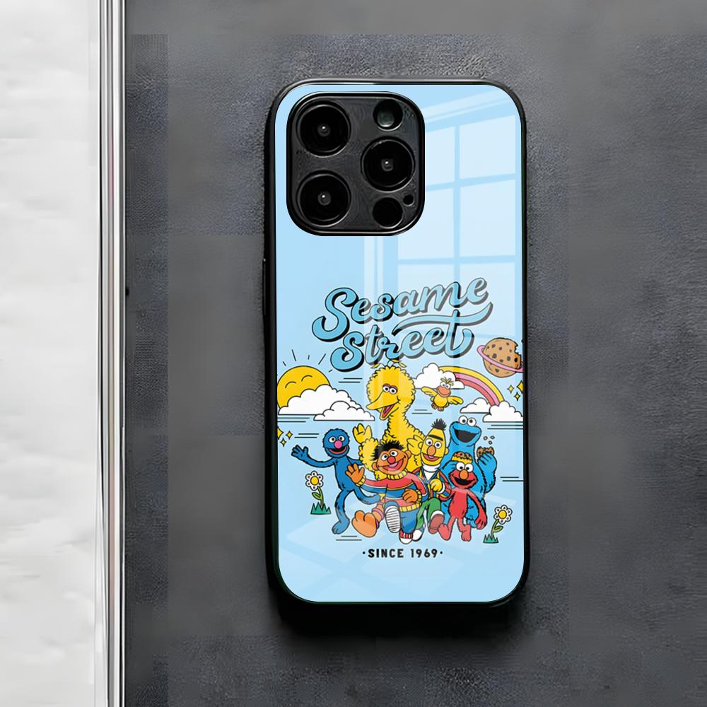 S-Sesame S-Street Phone Case For IPhone 17 Air 16 E Pro Max 15 14 13 Mini 12 Pro 11 Max Plus Black Glass Cover