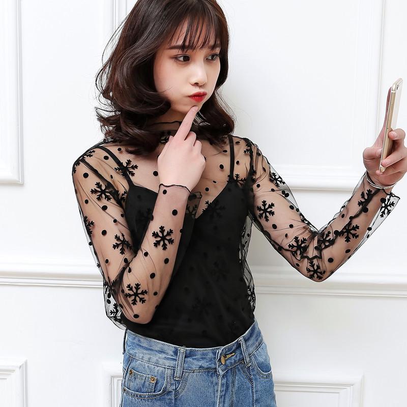 Women's Korean Style Sheer Black Mesh Long Sleeve Top