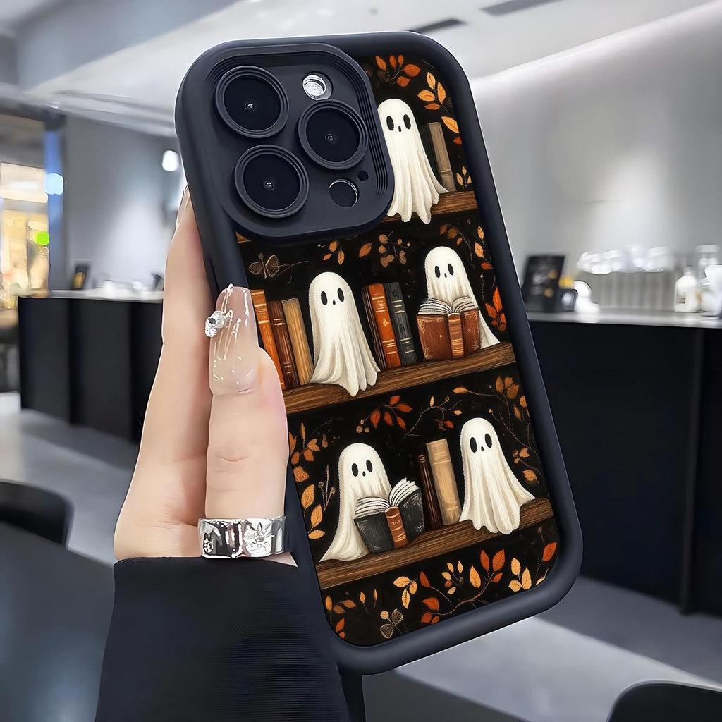 Чехол для iPhone 'Книжная полка с головой призрака' для 15/16/17 Pro Max - Дизайн 'Черная канавка'