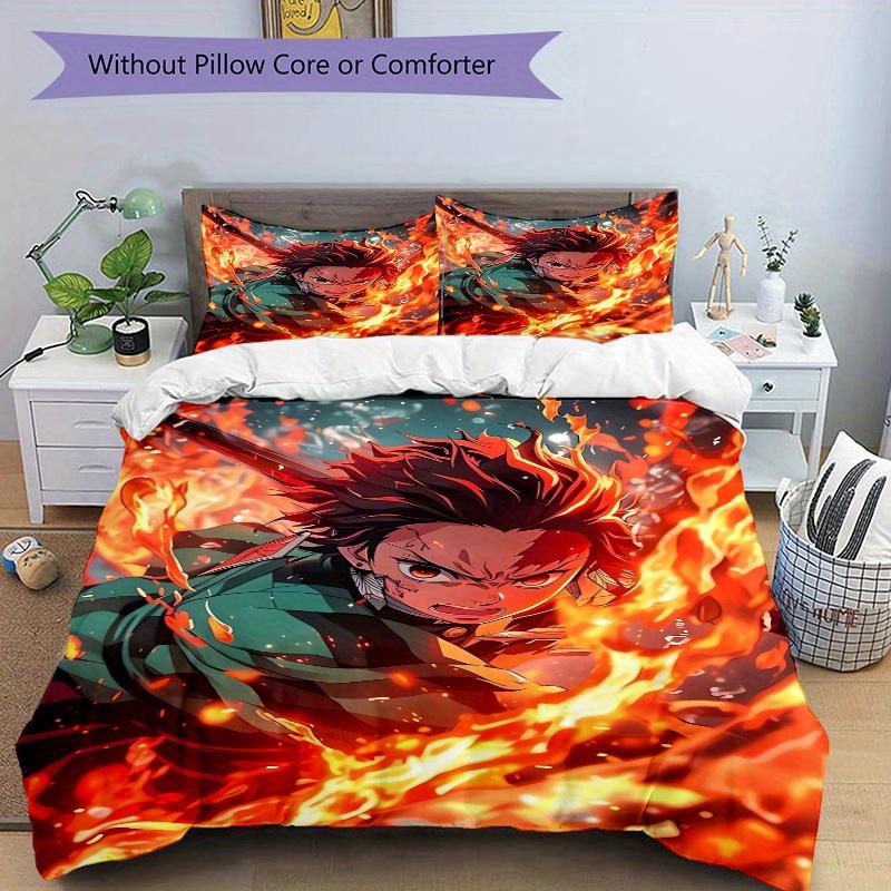 3pcs Demon Slayer Tanjiro Kamado Flame Bedding Set - 1 Soft Quilt Cover + 2 Pillowcases, Machine Washable - Suitable for All Seasons, Perfec