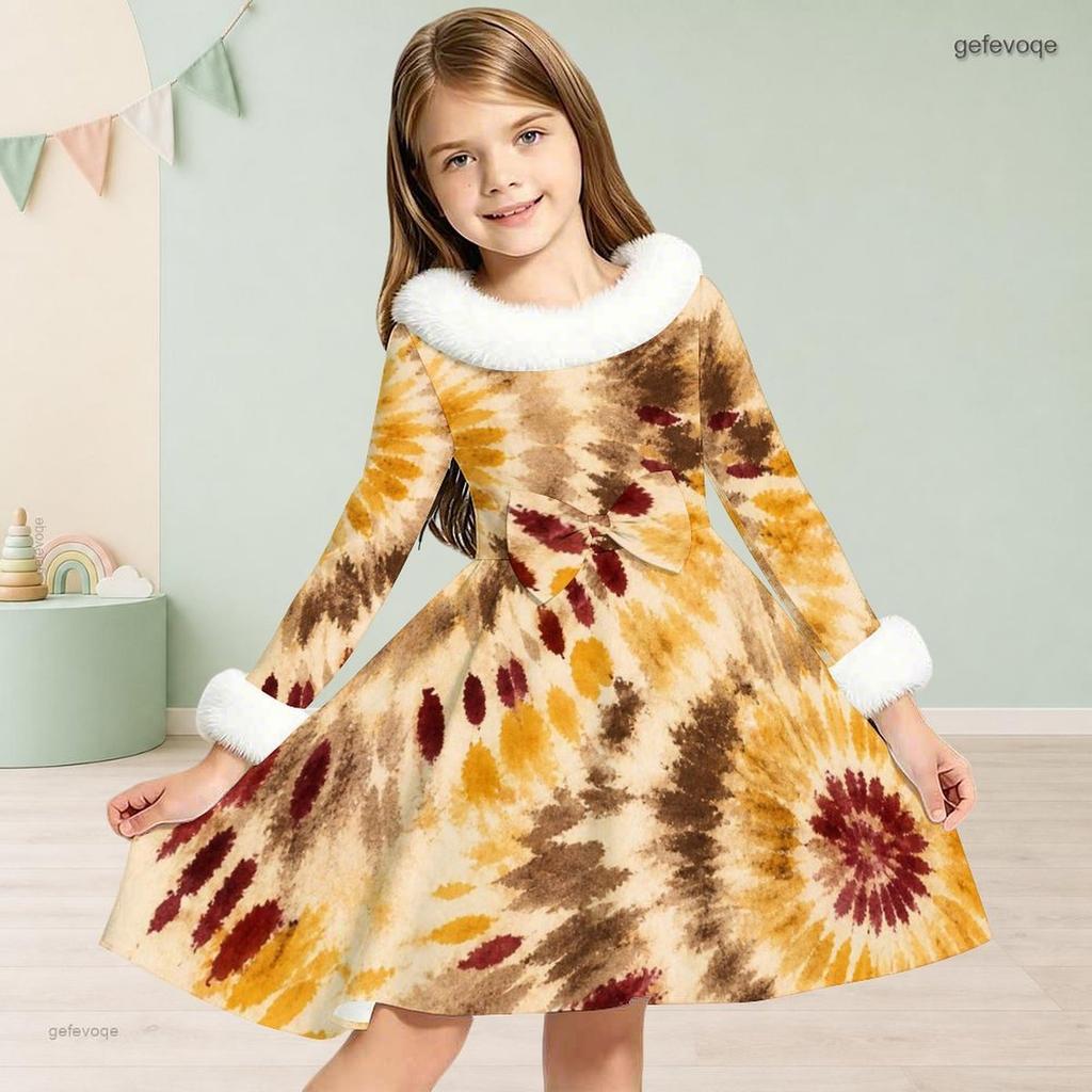 Girls Long Sleeve Faux Fur Collar Abstract Printed A Line Flared Dress With Waist Bow