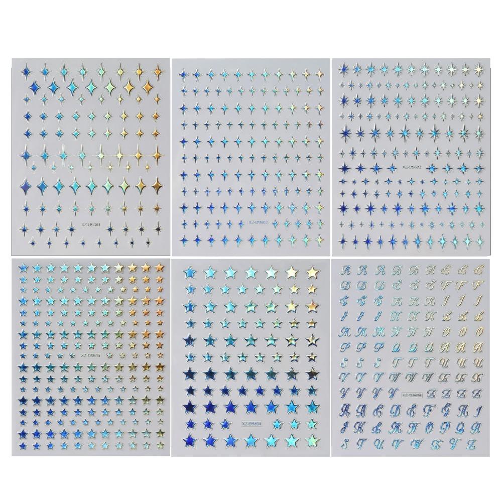 6Pcs Y2K Irregular Star Manicure Decals Gold Silver Color Letters Nail Decorations  Nail Supplies