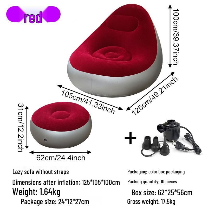 Надувной диван-шезлонг с флокированным покрытием и подставкой для ног - Повседневный, Утолщенная односпальная ленивая кровать-диван