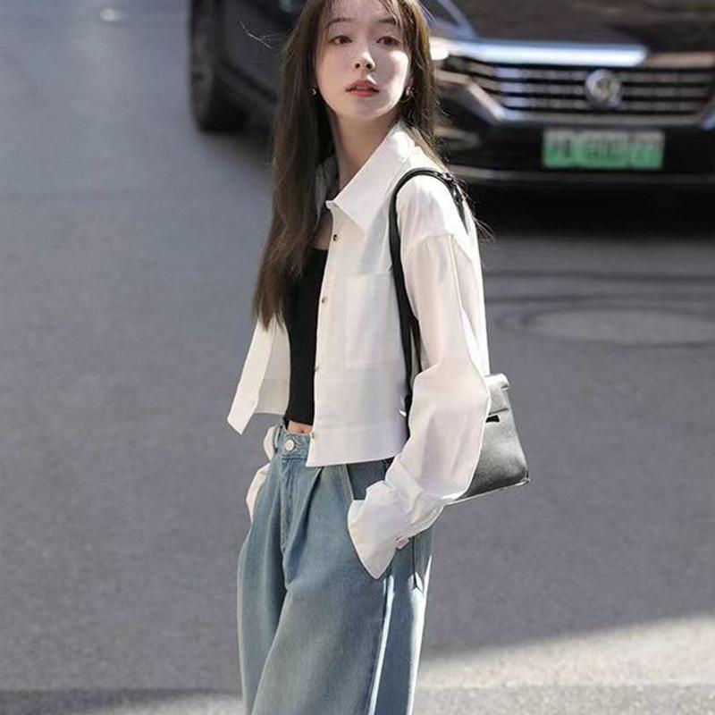 Женские белые укороченные рубашки, уличные женские пальто с длинным рукавом, повседневные топы на пуговицах