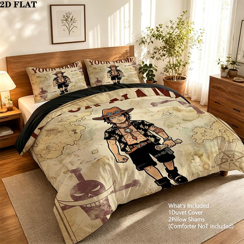 Custom Name,Portgas D. Ace Pattern Bedding Home Decoration Birthday Gift ( 1 duvet cover + 2 pillowcase, without core),fan merchandise.
