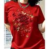 Women Summer T Shirt Retro Fashion Short Sleeve Tees Casual Rose Printed Tops