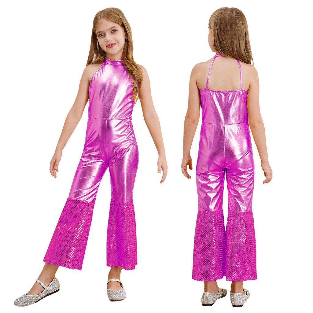 Girl Fancy Dress Up Metallic Sequins Movie Star Singer Bodysuit 70s Disco Dance Retro Cosplay Jumpsuit High Waist Jazz Dancewear