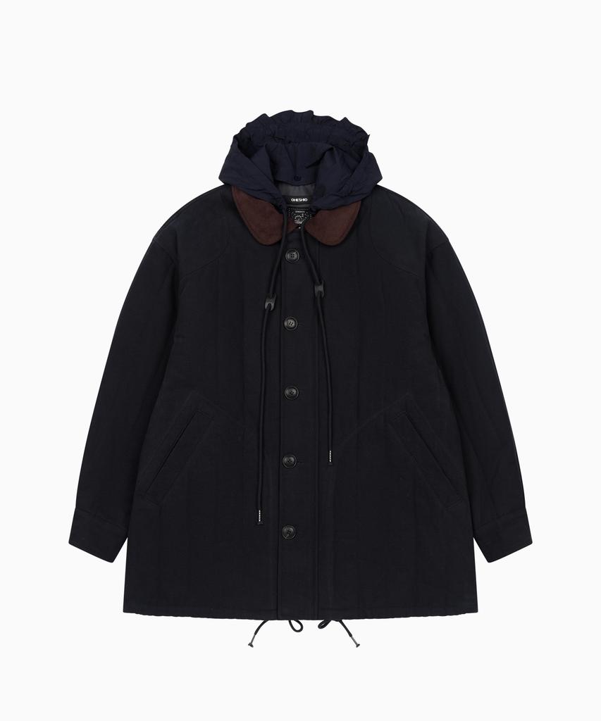 OHESHIO Corduroy Collar Quilted Jacket, Navy