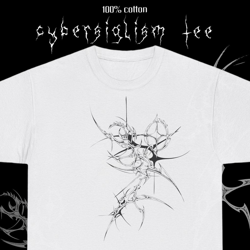 Футболка Cybersigilism, Графический топ в стиле Y2K Streetwear, Черная футболка с кибер-сигилом, Альтернативный стритвир