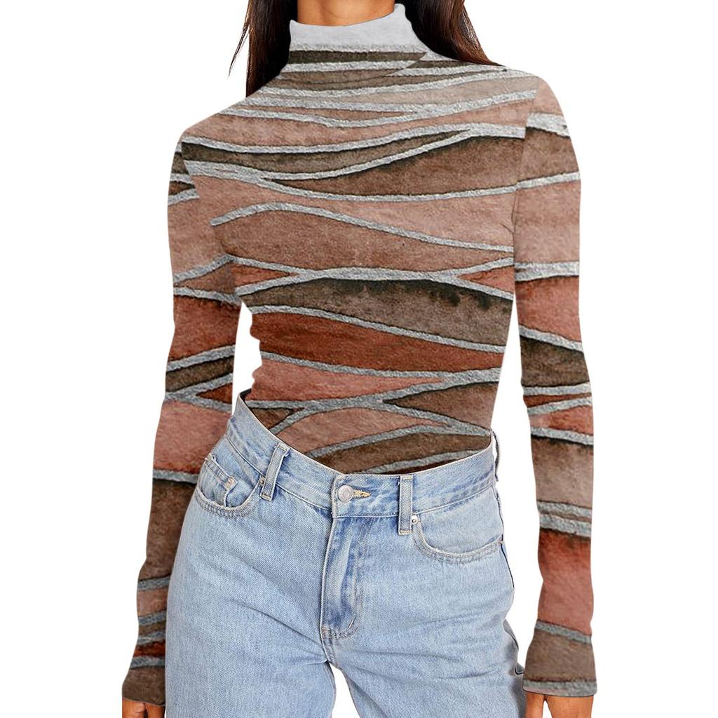 Женские рубашки с высоким воротником и длинными рукавами с принтом, осенние модные базовые облегающие мягкие термотопы