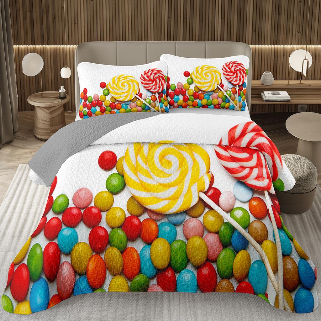 Сладкий Конфетный Комплект Квилтов для Девочек Мальчиков Подростков, Комплект Покрывал на Кровать на Тему Леденцов Кинг Десертное Стеганое Покрывало Мультяшный Стиль Покрывало на Кровать