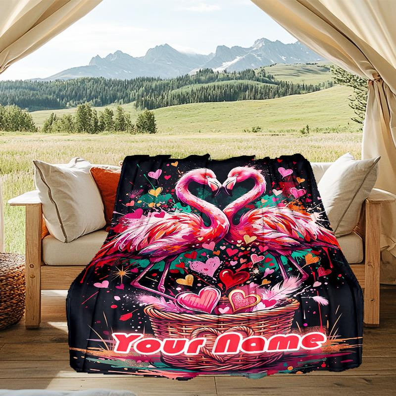 1PC Custom Name Flamingo Love Basket Heart flannel blanket versatile,all-season throw suitable for the living room,bedroom,camping,travel,and gift