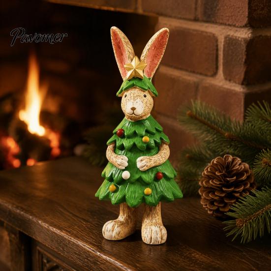 Desktop Rabbit Decorations Christmas Tree Figurine, Resin Bunny Statue in Outfit with Holiday Tabletop Star Top, Cute Decor for Home Bookshelf Mantel,