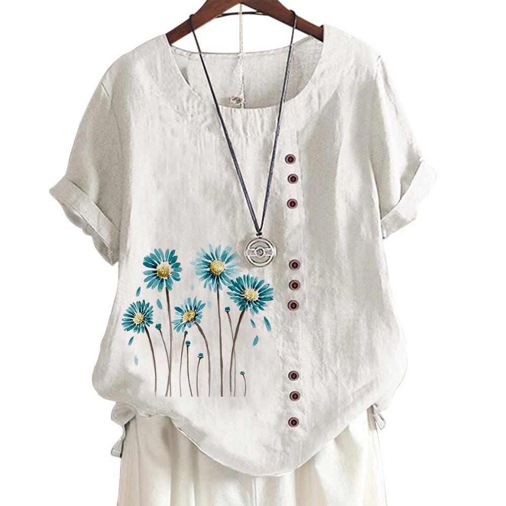 Classic Floral and Bamboo Pattern Women's Comfortable Cotton Linen Casual Tee with Round Neck and Short Sleeves S-5XL