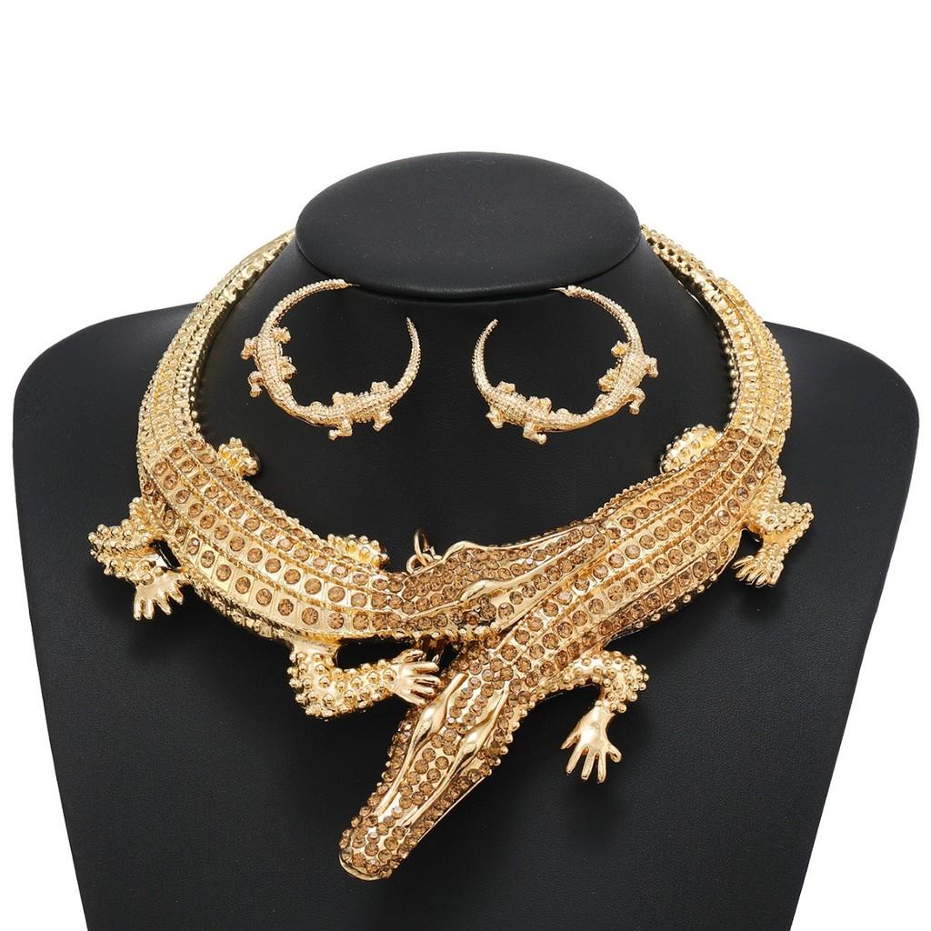 Creative Decoration Rhinestone Crocodile Design Women Necklace And Earring Set