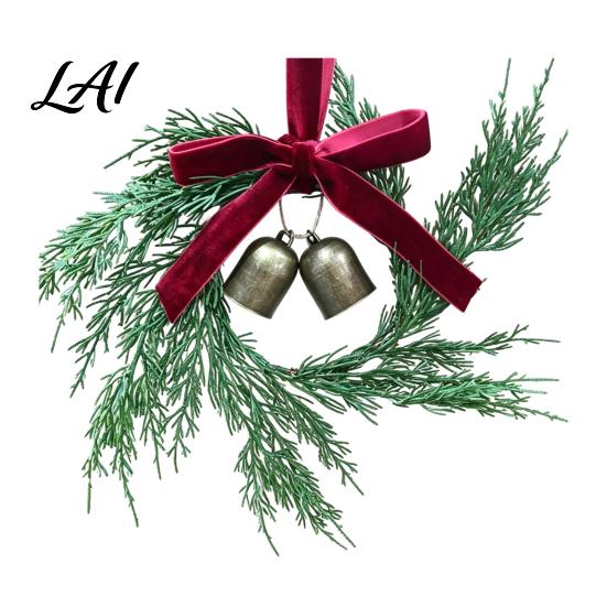 Christmas Tree Hanging Ornaments Bell Ornament Metal Jingle Decoration with Pine Cones Handmade Holiday Wreath Decor Berries Velvet Bow for