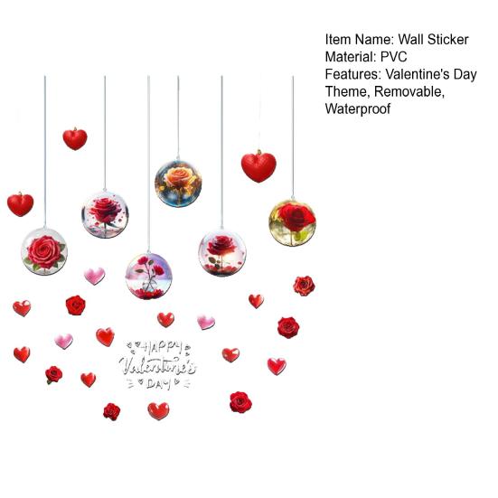 День святого Валентина Наклейка на окно Съемная Водонепроницаемая ПВХ Цветок розы Сердце любви Статическая наклейка на стекло Праздничное украшение Декаль
