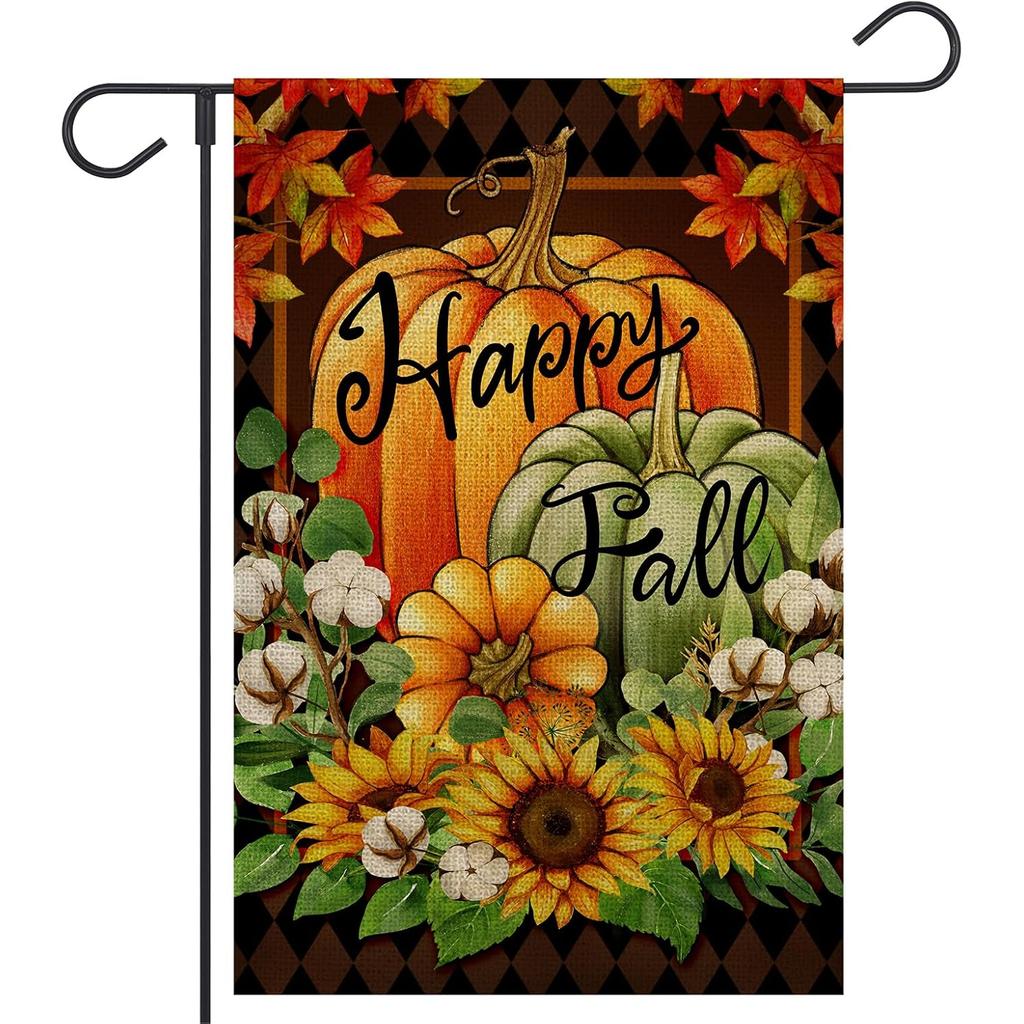 Happy Fall Pumpkins Garden Flag Double Sided Outside Watercolor Floral Flowers Maple Leaves Thanksgiving Yard Autumn Outdoor Decoration