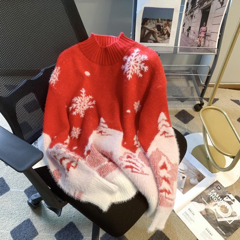 Winter New Cute Print Loose Christmas Pullovers Sweater Women Tops O Neck Long Sleeve Vintage Knitted Sweater Woman Casual Fashion Lady Jumpers 25513