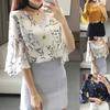 Office Lady Fashion Flower Print Half Flare Sleeve V Neck Chiffon Blouse Shirt