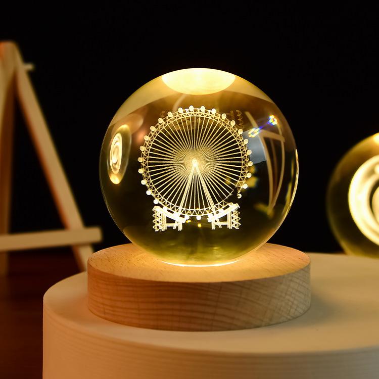 3D Crystal Ball Light Solar System Planet Pattern Crystal Ball Round Wooden Base Night Light for Kids Bedroom Table Desk Decor